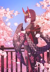 1girl absurdres black_kimono bob_cut breasts cherry_blossoms eyeliner fate/grand_order fate_(series) floral_print headpiece highres horn_ornament horn_ring horns huge_filesize japanese_clothes kimono long_sleeves looking_at_viewer lostroom_outfit_(fate) makeup obi oni open_mouth purple_eyes purple_hair sash sawarineko short_hair shuten_douji_(fate) skin-covered_horns small_breasts smile solo tree wide_sleeves