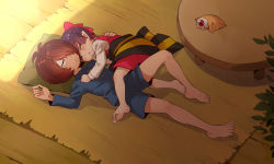 Rule 34 | 1boy, 1girl, absurdres, bare legs, barefoot, blue jacket, blue shorts, bow, brown hair, closed eyes, dress, from above, full body, gegege no kitarou, hair bow, hair over one eye, highres, jacket, kitarou, lying, medama oyaji, nekomusume, on back, on side, on stomach, pillow, pinafore dress, pointy ears, red bow, red dress, shirt, short dress, short hair, shorts, silanduqiaocui, sleeping, sleeveless, sleeveless dress, soles, the pose, under covers, white shirt