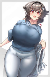 Rule 34 | 1girl, blue shirt, blush, breasts, casual, commentary request, curvy, denim, grey hair, hair flaps, hair ornament, hair ribbon, highres, huge breasts, jingei (kancolle), kantai collection, konoshige (ryuun), long hair, looking at viewer, official alternate costume, open mouth, pants, red eyes, revision, ribbon, shirt, simple background, smile, solo, thick thighs, thighs, whale hair ornament, white pants