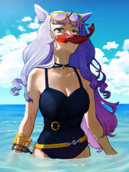 Rule 34 | 1girl, animal ears, bare arms, bare shoulders, black choker, black one-piece swimsuit, blue sky, blunt bangs, breasts, choker, cleavage, cloud, commentary request, day, eyewear on head, fish, gold ship (run revolt launcher) (umamusume), gold ship (umamusume), highres, horse ears, long hair, looking at viewer, medium breasts, mouth hold, one-piece swimsuit, pink lips, purple eyes, purple hair, sky, solo, standing, sunglasses, swimsuit, umamusume, very long hair, wading, water, white hair, yamashita momiyo