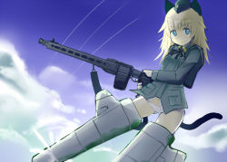 Rule 34 | 1girl, animal ears, backpack, bag, black ribbon, blonde hair, blue eyes, blue sky, cat ears, cat tail, cloud, day, flying, garrison cap, gradient background, gun, hat, helma lennartz, highres, holding, izuoku, jacket, long hair, long sleeves, machine gun, military, military uniform, panties, propeller, ribbon, sky, solo, strike witches, strike witches: suomus misfits squadron, striker unit, tail, underwear, uniform, weapon, white panties, world witches series