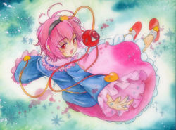 Rule 34 | 1girl, eyeball, female focus, frills, gathers, hairband, heart, kinakira, komeiji satori, looking back, outstretched arms, pink hair, red eyes, short hair, skirt, slippers, solo, sparkle, spread arms, third eye, touhou