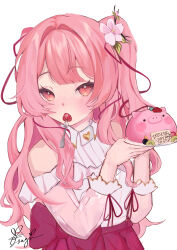 1girl absurdres bare_shoulders blush cake character_cake eating flower food food_in_mouth fork fruit hair_flower hair_intakes hair_ornament highres holding holding_cake holding_food long_hair looking_at_viewer nijisanji nijisanji_en nose_blush pink_eyes pink_hair rosebud_(rosemi_lovelock) rosemi_lovelock see-through_clothes see-through_sleeves signature simple_background solo strawberry twintails usa_(yameusa) virtual_youtuber white_background