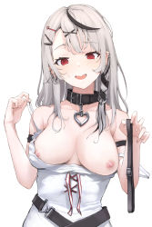 Rule 34 | 1girl, @ @, arm strap, belt, black collar, black hair, blush, braid, breasts, cleavage, clothes pull, collar, ear piercing, fang, grey hair, hair ornament, hairclip, highres, holding, holding belt, hololive, hypnosis, large breasts, looking at viewer, mind control, mitsuru (pixiv 34028718), multicolored hair, nipples, open mouth, piercing, red eyes, sakamata chloe, sakamata chloe (1st costume), shirt, shirt pull, simple background, solo, strap slip, streaked hair, undressing, upper body, virtual youtuber, white background, white shirt, x hair ornament
