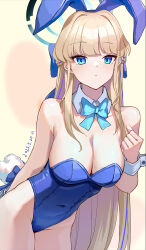 Rule 34 | 1girl, absurdres, animal ears, aqua bow, aqua bowtie, blonde hair, blue archive, blue eyes, blue hair, blue leotard, blush, bow, bowtie, breasts, cleavage, covered navel, dated, detached collar, fake animal ears, groin, hair bow, halo, highleg, highleg leotard, highres, large breasts, leotard, looking at viewer, multicolored hair, playboy bunny, rabbit ears, rabbit tail, signature, simple background, solo, strapless, strapless leotard, streaked hair, tail, toki (blue archive), toki (bunny) (blue archive), wangqi, wrist cuffs