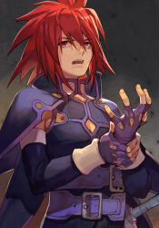 Rule 34 | 1boy, belt, blue belt, cape, cleavage cutout, clothing cutout, gradient background, hungry clicker, kratos aurion, medium hair, namco, open mouth, red eyes, red hair, solo, sword, tales of (series), tales of symphonia, upper body, weapon