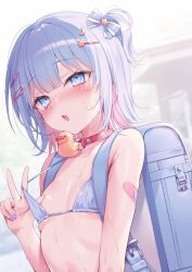 Rule 34 | 1girl, backpack, bag, bandaid, bikini, bikini top only, blue eyes, blue hair, blush, breasts, collar, hair ornament, hairclip, highres, indie virtual youtuber, kanzarin (vtuber), looking at viewer, multicolored hair, open mouth, pink hair, randoseru, rubber duck, shu bii, simple background, small breasts, solo, strap pull, swimsuit, two-tone hair, v, virtual youtuber, wet