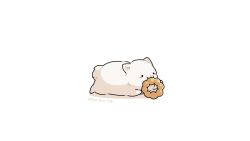 Rule 34 | :3, animal, animal focus, artist name, black eyes, blush stickers, dog, doughnut, eating, fluffy, food, fuwa fuwa dog, holding, holding food, lying, no humans, on stomach, original, pon de ring, shadow, simple background, solid circle eyes, solo, twitter username, white background