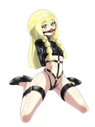 Rule 34 | 1girl, absurdres, arms behind back, ball gag, bdsm, black footwear, black panties, blonde hair, blush, bondage, bound, braid, breasts, collar, creatures (company), gag, gagged, game freak, green eyes, harness, high heels, highres, latex, lillie (pokemon), long hair, nintendo, panties, pokemon, pokemon sm, restrained, shiny clothes, shiny skin, shoukin500, slave, small breasts, thick thighs, thighs, thong, underwear