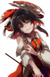 Rule 34 | 1girl, ascot, bad id, bad twitter id, black hair, bleeding, blood, bow, bruise, collared vest, commentary request, cowboy shot, cuts, detached sleeves, frilled bow, frilled hair tubes, frills, gohei, hair bow, hair tubes, hakurei reimu, hand on own arm, highres, holding, holding gohei, injury, long hair, looking at viewer, matsukuzu, one eye closed, parted lips, red bow, red eyes, red skirt, red vest, ribbon-trimmed sleeves, ribbon trim, simple background, skirt, solo, torn clothes, touhou, vest, white background, white sleeves, wide sleeves, yellow ascot