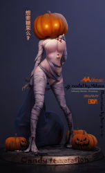 Rule 34 | 1girl, 3d, absurdres, artist name, bandages, blender (medium), borrowed character, breast lift, breast suppress, breasts, candy, dated, english text, food, full body, glowing, glowing eyes, gluteal fold, halloween, halloween costume, hand up, highres, holding, holding sack, large breasts, legs apart, logo, looking at viewer, m.mikasa, mummy costume, naked bandage, no shoes, original, photoshop (medium), pumpkin, pumpkin hat, sack, severed limb, simple background, skindentation, solo