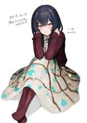 Rule 34 | 1girl, absurdres, bad id, bad twitter id, black hair, blanket, blush, braid, closed mouth, dated, hair ornament, hairclip, happy birthday, highres, idolmaster, idolmaster shiny colors, jacket, long hair, looking at viewer, morino rinze, no shoes, red eyes, red jacket, red legwear, simple background, sitting, smile, solo, suisogenshi, twin braids, white background