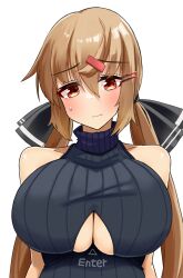 Rule 34 | 1girl, black bow, black sweater, blush, bow, breasts, brown eyes, brown hair, cleavage, cleavage cutout, closed mouth, clothing cutout, hair between eyes, hair bow, hair ornament, hairclip, highres, kantai collection, komb, large breasts, long hair, low twintails, ribbed sweater, simple background, sleeveless, sleeveless sweater, solo, sweater, tashkent (kancolle), turtleneck, turtleneck sweater, twintails, upper body, white background