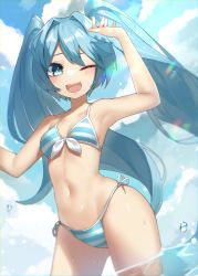 Rule 34 | 1girl, absurdres, aqua bikini, aqua eyes, aqua hair, bikini, blue sky, breasts, cloud, commentary, day, front-tie top, halterneck, hatsune miku, highres, long hair, navel, outdoors, reirou (chokoonnpu), side-tie bikini bottom, sky, small breasts, smile, soaking feet, solo, string bikini, striped bikini, striped clothes, swimsuit, symbol-only commentary, twintails, very long hair, vocaloid, wading, water