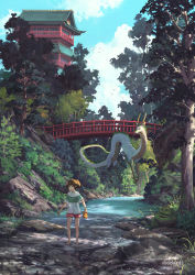 Rule 34 | 1girl, architecture, artist name, barefoot, blue sky, bridge, brown hair, clockbirds, commentary, dragon, east asian architecture, english commentary, full body, grass, highres, medium hair, moss, ogino chihiro, open mouth, outdoors, red shorts, reflection, reflective water, sen to chihiro no kamikakushi, shirt, short sleeves, shorts, sky, tree, water, white shirt