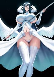 1girl angel_wings bare_shoulders black_background black_hair blue_eyes blue_hair blush breasts commentary contrapposto covered_erect_nipples detached_sleeves dress english_commentary eu03 feathered_wings frown gluteal_fold hair_between_eyes halterneck huge_breasts long_hair looking_at_viewer magical_girl mahou_shoujo_(raita) multiple_wings narrow_waist navel no_bra pleated_dress sideboob sketch skindentation sleeves_past_wrists solo staff stomach suzuhara_misae thigh_gap thighhighs turtleneck very_long_hair weapon wide_hips wings