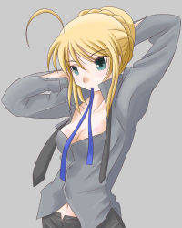 Rule 34 | 1girl, adjusting hair, ahoge, artoria pendragon (all), artoria pendragon (fate), blonde hair, breasts, cleavage, fate/zero, fate (series), formal, green eyes, jack (slaintheva), mouth hold, navel, necktie, pant suit, pants, ribbon, saber (fate), solo, suit, unbuttoned, untied