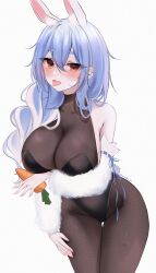 Rule 34 | 1girl, :p, acedia, animal ear fluff, animal ears, black bodysuit, black leotard, blue hair, blush, bodysuit, breasts, carrot, cleavage, collarbone, detached sleeves, fur sleeves, groin, hair between eyes, highres, holding, holding carrot, hololive, large breasts, leaning forward, leotard, long braid, looking at viewer, mature female, pekomama, rabbit ears, see-through, see-through bodysuit, simple background, solo, thigh gap, tongue, tongue out, twitter username, virtual youtuber, white background