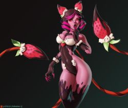 Rule 34 | 1girl, arteslav, between breasts, breasts, brown hair, candy, chocolate, chocolate covered, chocolate heart, claws, contrapposto, evelynn (league of legends), female focus, licking finger, finger to mouth, food, food on body, food on head, fruit, heart, leaf, league of legends, leotard, licking, looking to the side, multicolored hair, object on head, patreon username, pink hair, red eyes, solo, strawberry, streaked hair, sugar rush evelynn, whipped cream