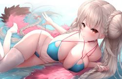 Rule 34 | 1girl, ahoge, azur lane, bare shoulders, bikini, blue bikini, blush, bow, braid, braided bun, breasts, cleavage, closed mouth, collarbone, commentary request, criss-cross halter, double bun, foreshortening, formidable (azur lane), formidable (the lady of the beach) (azur lane), hair bow, hair bun, halterneck, large breasts, long hair, looking at viewer, lying, navel, no shoes, official alternate costume, on side, oyuwari, red bow, red eyes, see-through, shallow water, silver hair, skindentation, solo, swimsuit, thighhighs, thighs, twin braids, very long hair, water, wet, wet legwear, white thighhighs