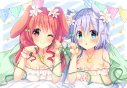 Rule 34 | 2girls, :o, ;), animal ears, bed sheet, blue eyes, blush, bow, breasts, cat ears, cat pendant, cleavage, commentary request, flower, frills, green bow, green ribbon, hair between eyes, hair bow, hair flower, hair ornament, jewelry, light blush, light purple hair, long hair, looking at viewer, lying, multiple girls, nozomiyuyu, on stomach, one eye closed, original, pendant, pink bow, pinky out, rabbit ears, red eyes, red hair, ribbon, smile, string of flags, under covers, wrist cuffs