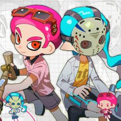 Rule 34 | 1boy, 1girl, afro, bamboozler 14 (splatoon), black shorts, bloblobber (splatoon), blue hair, chibi, chibi inset, closed mouth, commentary, eyewear on head, grid background, gun, hg swdiary, highres, holding, holding gun, holding weapon, inkling, inkling girl, inkling player character, long hair, mask, nintendo, octoling, octoling boy, octoling player character, orange hair, pink hair, pink shirt, pointy ears, print shirt, red-framed eyewear, red eyes, shirt, short hair, shorts, smile, splatoon (series), splatoon 3, sunglasses, symbol-only commentary, tentacle hair, thick eyebrows, weapon, white background, yellow shirt, zoom layer