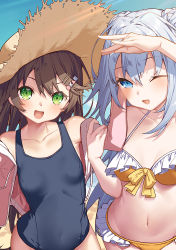 Rule 34 | 2girls, :d, ;d, arm up, bare shoulders, bikini, black one-piece swimsuit, blue one-piece swimsuit, blush, breasts, brown hair, collarbone, commentary request, double bun, drawstring, frilled bikini, frills, green eyes, grey hair, hair between eyes, hair bun, hair ornament, hairclip, hat, hood, hood down, hooded jacket, jacket, long hair, long sleeves, looking at viewer, multiple girls, off shoulder, one-piece swimsuit, one eye closed, open clothes, open jacket, open mouth, original, pink jacket, school swimsuit, shading eyes, small breasts, smile, straw hat, swimsuit, tokuno yuika, very long hair, yellow bikini