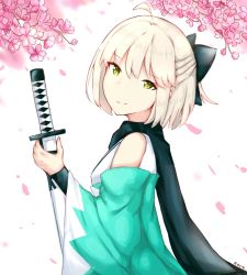 Rule 34 | 1girl, ahoge, artist name, black bow, black scarf, bow, cherry blossoms, closed mouth, commentary request, detached sleeves, fate/grand order, fate (series), green eyes, hair bow, half updo, head tilt, holding, holding sheath, japanese clothes, katana, kimono, light brown hair, long sleeves, looking at viewer, looking to the side, okita souji (fate), okita souji (koha-ace), petals, rocm (nkkf3785), scarf, sheath, sheathed, short hair, sleeveless, sleeveless kimono, smile, solo, sword, weapon, white background, wide sleeves