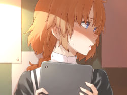 1girl, assault lily, bangs, blue eyes, blurry, blush, braid, commentary request, depth of field, embarrassed, eyebrows visible through hair, futagawa fumi, hands up, holding, holding tablet pc, indoors, looking away, looking to the side, medium hair, orange hair, paper, parted lips, school uniform, shade, single braid, solo, sweat, tablet pc, tanin050, upper body
