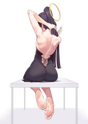 Rule 34 | 1girl, absurdres, adjusting hair, ass, back, backless dress, backless outfit, bare arms, barefoot, black dress, black hair, dress, feet, female focus, from behind, full body, halo, highres, hololive, hololive english, long hair, nail polish, ninomae ina&#039;nis, ninomae ina&#039;nis (1st costume), pompmaker1, purple nails, simple background, sitting, soles, solo, toenail polish, toenails, toes, virtual youtuber, white background