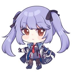 Rule 34 | 1girl, azur lane, brown eyes, chibi, commission, essex (azur lane), hair ornament, ikaumira1410, jacket, looking at viewer, necktie, outstretched arms, purple hair, second-party source, shoes, spread arms, thighhighs, twintails