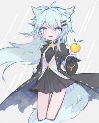 Rule 34 | animal ears, arknights, black dress, black gloves, black jacket, blue eyes, blue hair, buttons, commentary request, cropped legs, cross, dress, fang, food, fruit, fur-trimmed sleeves, fur trim, gloves, grey background, hair between eyes, hair ornament, hairclip, highres, jacket, lappland (arknights), long hair, long sleeves, looking at viewer, m (em073111), open clothes, open jacket, orange (fruit), parted lips, pleated dress, scar, scar across eye, signature, simple background, smile, tail, very long hair