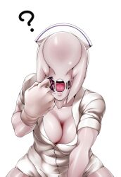 Rule 34 | 1girl, ?, artist request, breasts, bubble head nurse, cleavage, faceless, faceless female, gloves, hat, highres, large breasts, monster girl, no eyes, nurse, nurse (silent hill), nurse cap, open mouth, shiny skin, silent hill, silent hill (series), silent hill 2, simple background, solo, white gloves, wide hips