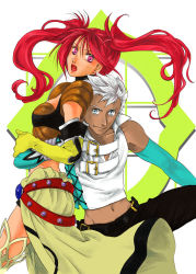 Rule 34 | 1boy, 1girl, bare shoulders, belt, breasts, elbow gloves, gloves, grey eyes, long hair, loni dunamis, midriff, nanaly fletch, navel, open mouth, pants, pink eyes, red hair, short hair, short shorts, shorts, tales of (series), tales of destiny 2, thighhighs, twintails, white hair