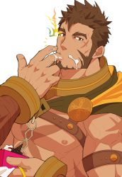 Rule 34 | 1boy, abs, bara, belt, brown hair, cape, chain, chest harness, cream, cream on face, cross scar, crow (siranui), eating, facial hair, finger in own mouth, food, food on face, goatee, harness, heracles (housamo), highres, ice cream, large pectorals, long sideburns, looking at viewer, male focus, muscular, muscular male, nipples, open mouth, pectorals, scar, scar on chest, sexually suggestive, short hair, sideburns, simple background, solo, suggestive fluid, tokyo houkago summoners