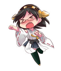 Rule 34 | &gt; &lt;, 10s, 1girl, blush, chibi, clenched hands, detached sleeves, embarrassed, erusen (des-arms), closed eyes, glasses, hairband, kantai collection, kirishima (kancolle), looking at viewer, no legwear, nontraditional miko, open mouth, short hair, solo, thighhighs