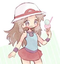 Rule 34 | 1girl, black wristband, blue shirt, brown hair, commentary, cowboy shot, creatures (company), dessert, food, food on face, game freak, green background, grey eyes, hand up, happy, hat, holding, holding food, holding ice cream, ice cream, ice cream cone, leaf (pokemon), long hair, lowres, mgomurainu, miniskirt, nintendo, pokemon, pokemon frlg, red skirt, shirt, sidelocks, skirt, sleeveless, sleeveless shirt, smile, solo, striped, striped background, tongue, tongue out, white hat