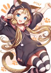 Rule 34 | 1girl, :d, animal ear fluff, animal ears, arm up, black hoodie, blue eyes, brown hair, cat ears, cat girl, cat tail, collarbone, commentary request, drawstring, ears through headwear, fang, flower, hand up, highres, hood, hoodie, long hair, long sleeves, looking at viewer, low twintails, notice lines, open mouth, original, pink flower, sakura ani, smile, solo, striped clothes, striped thighhighs, tail, thighhighs, twintails