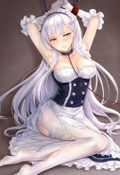 Rule 34 | 1girl, apron, armpits, arms up, azur lane, bdsm, belfast (azur lane), blue eyes, blush, bound, bound wrists, braid, breasts, cleavage, collar, collarbone, commentary request, dress, french braid, frilled gloves, frills, frown, gloves, large breasts, leash, long hair, looking at viewer, maid, maid headdress, no shoes, pantyhose, parted lips, restrained, silver hair, sitting, solo, sweatdrop, torn clothes, torn pantyhose, white gloves, yokozuwari, yuemanhuaikong