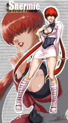 Rule 34 | 1girl, abs, absurdres, boots, breasts, character name, cleavage, cleavage cutout, clothing cutout, covered navel, cropped jacket, earrings, hair over eyes, highres, jewelry, knee boots, large breasts, leotard, lipstick, long hair, makeup, red hair, shermie (kof), signature, skirt, smile, snk, solo, spade-m, split ponytail, the king of fighters