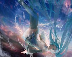 Rule 34 | 1girl, alternate costume, arms at sides, bad id, bad twitter id, black thighhighs, blue dress, blue eyes, blue hair, blue necktie, blue sky, closed mouth, cloud, cloudy sky, collared dress, contrail, dark clouds, detached sleeves, dress, falling, feet out of frame, floating hair, frilled dress, frills, gradient dress, hatsune miku, highres, iftuoma, legs together, long hair, looking at viewer, messy hair, necktie, outdoors, pink clouds, pleated dress, see-through, see-through sleeves, shaded face, short dress, sidelocks, sky, sleeveless, sleeveless dress, smile, solo, sun, sunlight, sunset, tareme, thighhighs, twintails, upside-down, very long hair, vocaloid, water, white dress, zettai ryouiki