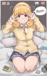 Rule 34 | 10s, 1girl, bed, blonde hair, brown eyes, camera, cardigan, condom, condom box, condom wrapper, cum, cum on clothes, cum on hair, double v, english text, facial, feet, hairband, ina (gokihoihoi), kise yayoi, kneehighs, kneeling, necktie, no shoes, on bed, pillow, pleated skirt, precure, school uniform, short hair, sitting, skirt, smile, smile precure!, socks, solo, sweater vest, tissue, tissue box, v, viewfinder, wariza, white hairband, white socks