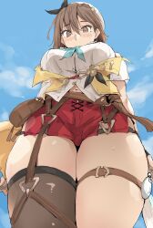 Rule 34 | 1girl, atelier (series), atelier ryza, atelier ryza 1, bare shoulders, belt, beret, black ribbon, blue sky, blush, breasts, brown eyes, brown gloves, brown hair, brown thighhighs, camisole, detached sleeves, gloves, hair ornament, hairclip, hat, highres, large breasts, looking at viewer, looking down, open clothes, open vest, red shorts, reisalin stout, ribbon, short hair, short shorts, shorts, sky, solo, thick thighs, thighhighs, thighs, vest, white camisole, white hat, yellow vest, zekkyon