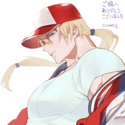 Rule 34 | 1boy, artist name, baseball cap, blonde hair, blue eyes, english text, hat, large pectorals, long hair, looking at viewer, male focus, mmts g, muscular, muscular male, open clothes, open mouth, pectorals, ponytail, smile, solo, terry bogard, the king of fighters, the king of fighters for girls, upper body, very long hair, white background