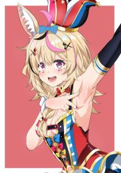 Rule 34 | 1girl, ahoge, animal ears, arm up, armpits, black hair, blonde hair, bow, bowtie, braid, breasts, cleavage, facial mark, fox ears, fox girl, fuyumi kazuki, hair between eyes, hair ornament, hair over shoulder, hairclip, hat, hololive, jester cap, long hair, looking at viewer, medium breasts, multicolored hair, omaru polka, omaru polka (1st costume), open mouth, pink hair, purple eyes, red bow, red bowtie, shiny skin, side braid, simple background, smile, solo, spread armpit, streaked hair, symbol-shaped pupils, tilted headwear, virtual youtuber, wrist cuffs, x hair ornament