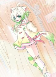 ahoge animal_ears asymmetrical_legwear bare_shoulders braid curtains dress ferret ferret_ears ferret_girl ferret_tail food fruit full_body gradient_hair green_dress green_hair hair_over_shoulder highres index_finger_raised indie_virtual_youtuber laimu_(vtuber) lamp lime_(fruit) lime_slice looking_at_viewer looking_to_the_side multicolored_hair multicolored_tail open_mouth pink_dress ribbon saraemiii_en smile striped_wall tail thighs two-tone_hair vinesauce virtual_youtuber white_hair