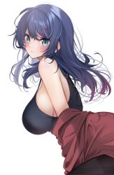 Rule 34 | 1girl, absurdres, aqua eyes, bare shoulders, black tank top, blue hair, blush, breasts, commentary request, hair ornament, hairclip, highres, komupi, large breasts, looking at viewer, original, parted lips, red sweater, simple background, solo, sweater, tank top, white background