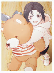 Rule 34 | 1boy, absurdres, aged down, amazing-cookie, bishounen, black eyes, black hair, blush, chromatic aberration, full body, highres, hug, idolish7, izumi iori, looking at viewer, male focus, hugging object, open mouth, short hair, smile, solo, standing, stuffed animal, stuffed toy, teddy bear