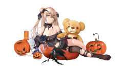 Rule 34 | 1girl, absurdres, ariel (user kear2553), black sleeves, black thighhighs, breasts, brown eyes, detached sleeves, facial mark, halloween costume, heart, heart facial mark, highres, jack-o&#039;-lantern, johnston (kancolle), kantai collection, light brown hair, long hair, long sleeves, medium breasts, official alternate costume, puffy long sleeves, puffy sleeves, single thighhigh, solo, thighhighs, torn clothes, torn thighhighs, two side up, vampire costume