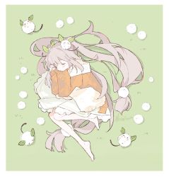 Rule 34 | 1girl, artist name, barefoot, blush, closed eyes, commentary, creature, dandelion, english commentary, flower, frilled skirt, frills, from above, grass, green background, hair between eyes, hair flower, hair ornament, long hair, long sleeves, lying, melanbread, on grass, on side, orange sweater, original, own hands together, scarf, signature, skirt, sleeping, sleeves past wrists, sweater, twintails, very long hair, white scarf, white skirt, | |